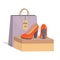 Stylish modern woman s red shoes on box, colorful paper bag and price tag with 50 percent discount. Sale in a shoe store. Footwear