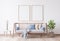 Stylish Modern wooden living room in white background, Scandinavian style, Rattan home decor