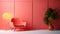 Stylish monochrome interior of modern cozy living room in pastel red tones. Trendy armchair, floor lamp, decorative