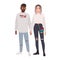 Stylish multiracial couple. Boy and girl dressed in trendy clothes standing together and holding hands. Cartoon