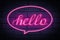 Stylish neon sign with word Hello on brick wall