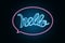 Stylish neon sign with word Hello on dark background