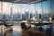 Stylish office interior with large windows and