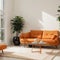 Stylish orange sofa with houseplants in modern interior of living room