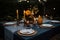 stylish outdoor table setting with chargers, candles, and cloth napkins