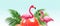 A stylish painted banner with two pink flamingos, palm leaves and red balloons. Generated by AI