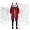 Stylish panda in a jacket and jeans. Vector illustration for greeting card, poster, or print on clothes. Fashion & Style.