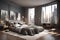 a stylish panoramic bedroom, featuring grey walls, a warm wooden floor, and ceiling. A