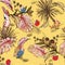 Stylish pastel tropical hand drawn sketch with exotic parrot birds seamless pattern in vector Design for fashion ,fabic,web,