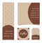 Stylish patterns with a coffee pattern. A cup of cocoa or coffee. Beige banners with brown objects. Square, vertical banners and