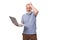 stylish pensioner man with beard and mustache in shirt and trousers holding laptop and working remotely