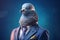 Stylish pigeon in a smoking suit surrounded by mysterious smoke with a beautiful blurred background. Generative AI