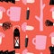 Stylish Pink black and red Seamless repeat camping Vector Pattern with lantern sticks camping mug, mushrooms rope and trees