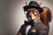Stylish portrait dressed up imposing anthropomorphic squirrel wearing glasses and suit on vibrant
