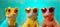 Stylish portrait of three chameleons wearing sunglasses. Pastel gradient background.