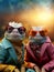 Stylish portrait of two dressed up chameleons wearing sunglasses and suit. Gradient background.