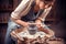 Stylish potter craftsman  shows how to work with clay and pottery wheel. Handmade products.