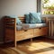 A stylish and practical wooden storage bench with cushions and a lid
