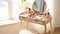 A stylish rattan wooden dressing table in sunlight, with the drawer ajar. Various beauty products , Generate AI