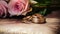 Stylish rings, flowers on wooden table background. Letters from the bride and groom