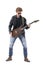 Stylish rock musician guitarist in leather jacket holding electric guitar prepare and get ready.