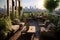 Stylish rooftop terrace with comfortable outdoor furniture, lush greenery, and panoramic city views, creating an urban oasis for