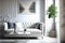 Stylish room in white color with sofa. Scandinavian interior design. 3D illustration