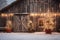 Stylish rustic cozy wooden farmhouse, decorated with Christmas lights. Merry Christmas. Happy holidays