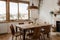 Stylish rustic interior of dining room with walnut wooden table, retro chairs, decoration, dried flower in vase in minimalist home