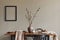 Stylish rustic interior of dining room with walnut wooden table, retro chairs, decoration, dried flower in vase and mock up.