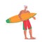 Stylish Santa Claus Christmas Character Stand with Surfing Board. Trendy Father Noel with Tattoo Wearing Red Shorts