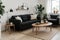 Stylish Scandic living room interior - sofa, armchair, coffee table, plants in pots, lamp, home decorations. Cozy Autumn. Modern c