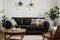 Stylish Scandic living room interior - sofa, armchair, coffee table, plants in pots, lamp, home decorations. Cozy Autumn. Modern c