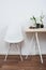 Stylish scandinavian interior design, white workspace