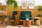 Stylish scandinavian interior of living room with design green velvet sofa, gold pouf, wooden furniture, plants, carpet, cube.