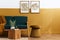 Stylish scandinavian interior of living room with design green velvet sofa, gold pouf, wooden furniture, plants, carpet, cube.