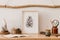 Stylish and scandinavian interior of living room with mock up templates, wooden accessories, succulents, forest cones.