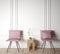 Stylish Scandinavian interior, natural wooden table, two pink chairs and modern home decoration, Mock up interior