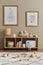 Stylish scandinavian kid room interior with toys, teddy bear, plush animal toys, furniture, decoration and child accessories.