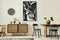 Stylish scandinavian living room interior of modern apartment with wooden commode, design table, chairs, carpet, abstract.