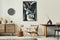 Stylish scandinavian living room interior of modern apartment with wooden commode, design table, chairs, carpet, abstract.