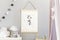 Stylish scandinavian nursery interior with hanging mock up poster, natural toys, teddy bears, children`s accessories and design