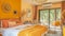 Stylish scandinavian studio light pastel design, spacious window, combined living, kitchen, and bed