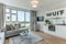 Stylish scandinavian studio light pastels, big window, living area, kitchen, bed