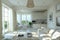 Stylish scandinavian studio light pastels, spacious window, living area, kitchen, bed
