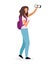 Stylish school girl taking selfie flat vector illustration. Modern teenage video blogger, vlogger cartoon character isolated on