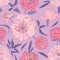 Stylish seamless pattern with beautiful blooming peonies on purple background. Natural backdrop with blooming garden