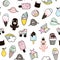 Stylish seamless pattern with cactus, donut, ice cream,rainbow, roller,lips,pear.Doodle trendy background. Vector Illustration.