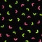 Stylish seamless pattern with scattered bright hearts on dark background.