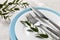 Stylish setting with cutlery and eucalyptus leaves on light grey table, closeup